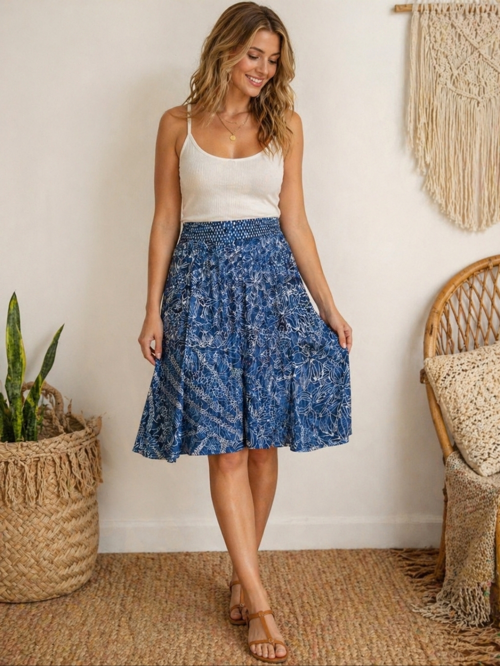 Nomadic Traders Blue Floral Rayon Boho Skirt | Elastic Waist | Small